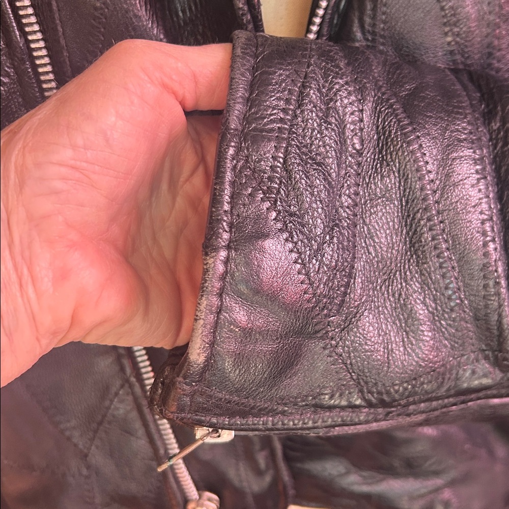80s Black Leather Patchwork Motorcycle Jacket XL - image 13